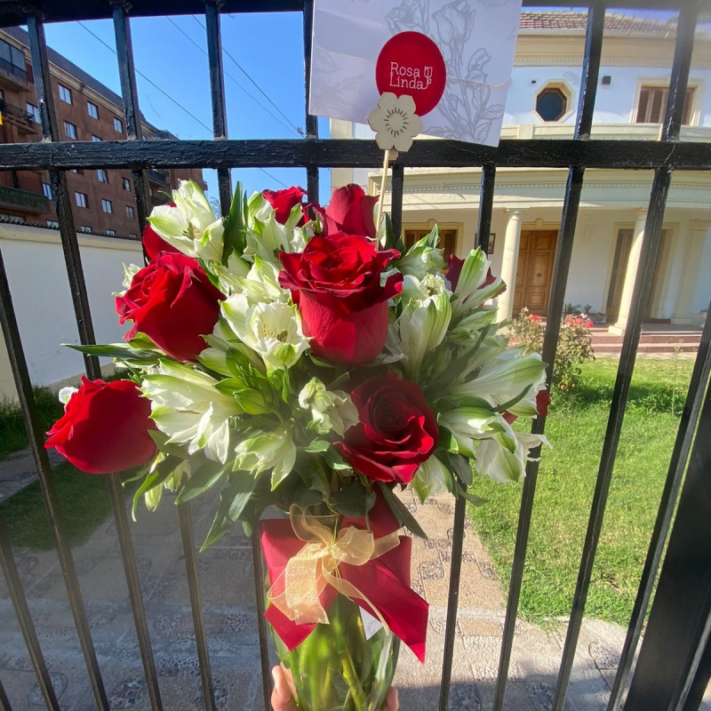 Amor rojo en anfora 18 rosas - Florero vidrio con rosas rojas y astromelias